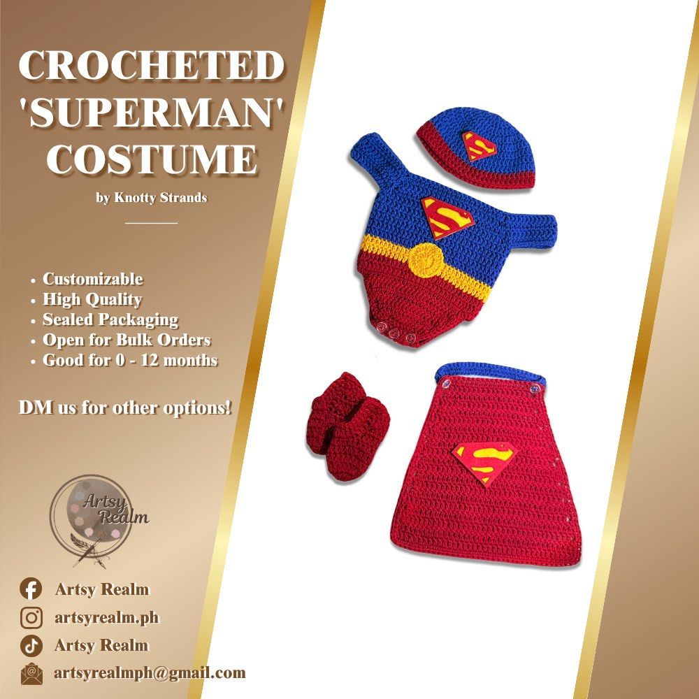 Crocheted ‘Superman’ Costume (Category: Babies & Kids Fashion) located in Angeles City. Submitted by knottystrands (Listing ID 1464675095, Image 1). Description: Crocheted Baby Costumes | Made to Order ✨ Starting price for 0-3 months - ₱800 Perfect for babies 0–12 months old, with customized sizes available for older ages. 🤍 📌 Customized designs & sizes 📦 Nationwide shipping 💌 Open for customized & bulk orders Message us to order or inquire! 