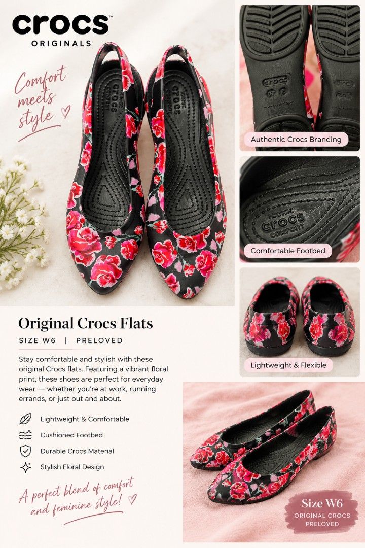 Crocs Original Floral Flats Size W6 (Category: Flats & Sandals) located in Digos. Submitted by chicandglowbargains (Listing ID 1464600320, Image 2). Description: - Original Crocs flats - Vibrant floral print - Lightweight and comfortable for everyday wear - Cushioned footbed - Durable Crocs material - Blend of comfort and feminine style - Great for work or running errands.