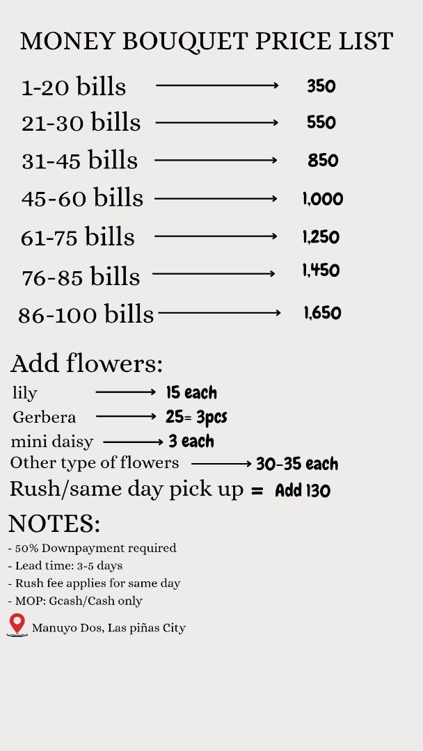 Custom Money Bouquet Arrangement Service (Category: Flowers & Bouquets) located in Manila. Submitted by janxll4 (Listing ID 1464739713, Image 1). Description: - Custom money bouquet making service available - Rates: ₱350 (1-20 bills) up to ₱1,650 (86-100 bills) - Add-on flowers available: Lily, gerbera, or mini daisy (with extra charge) - Standard lead time: 3-5 days with 50% downpayment - Rush or same-day pickup available for an extra fee - Paym