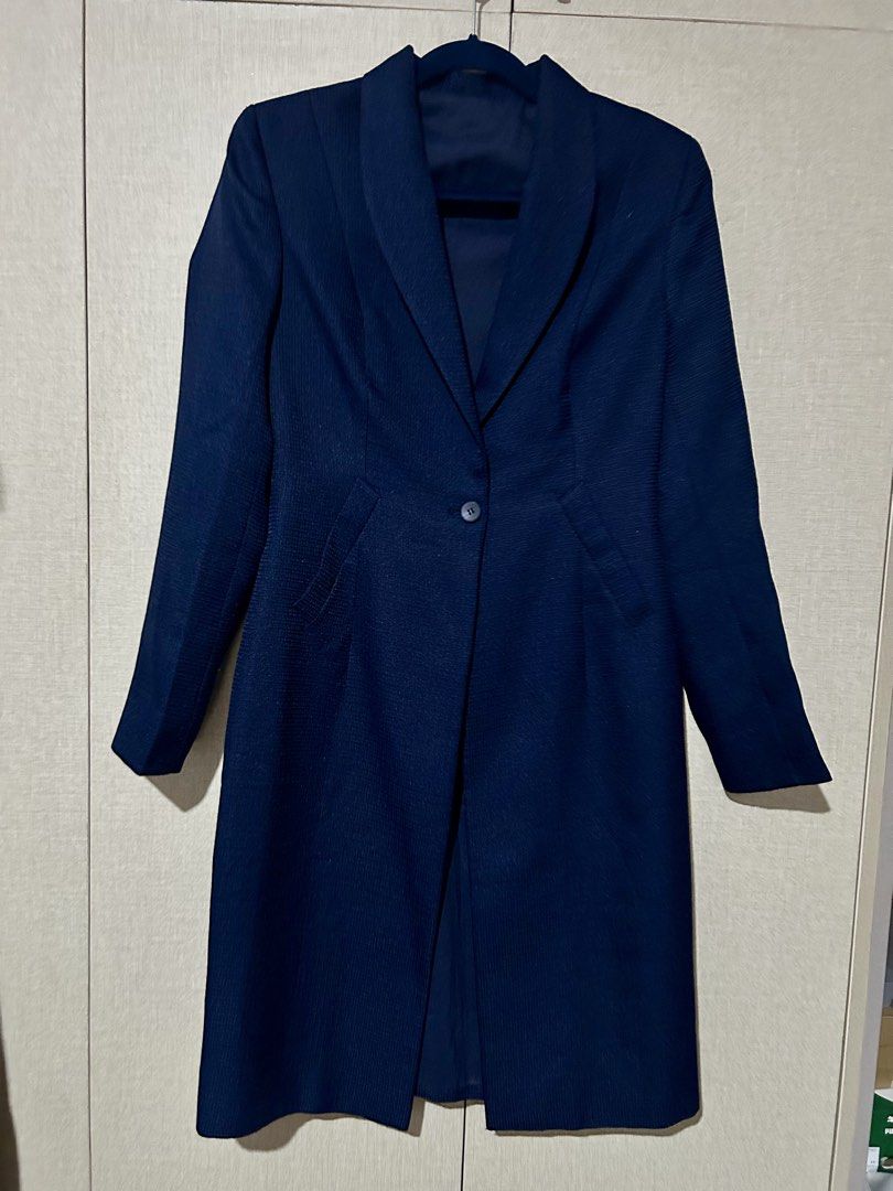 Custom Navy Blue Long Coat (Category: Coats, Jackets and Outerwear) located in Pasig City. Submitted by winwinderland (Listing ID 1464649880, Image 1). Description: Custom Navy Blue Long Coat — ₱ 400 + SF ✱ fits xs to small ✱ fitted ✱ button closure ✱ with full lining ✱ in good condition ✱ textured fabric ✱ navy blue colorway ✱ custom RTL; no tags.