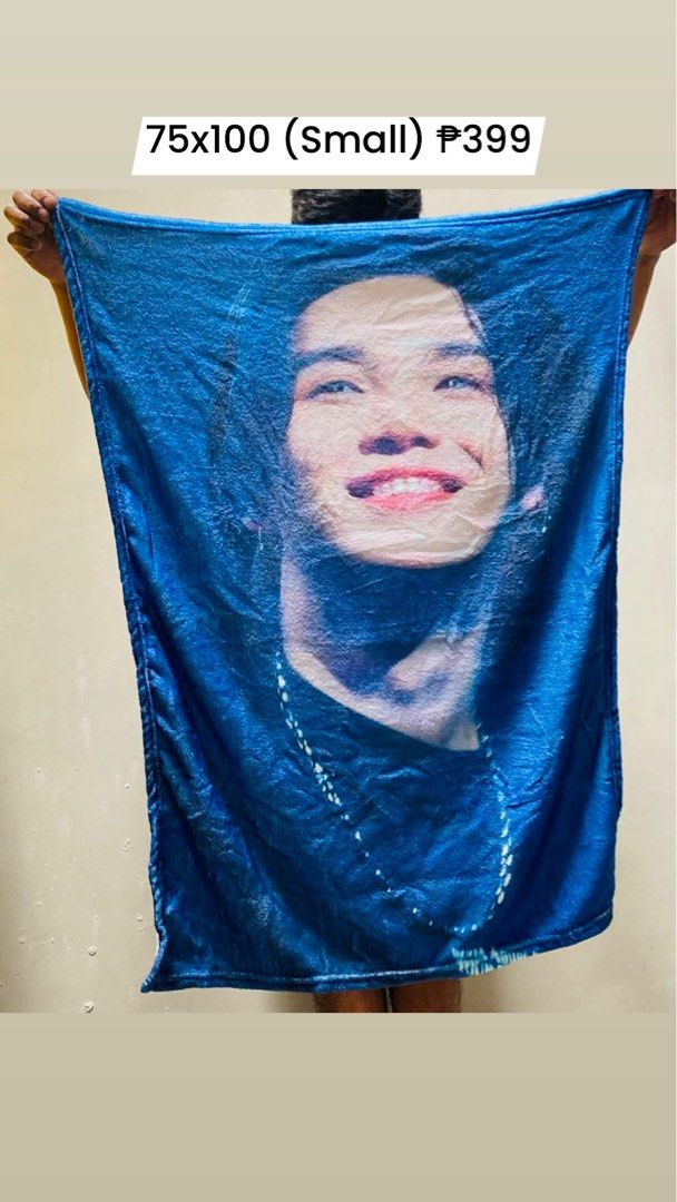 Custom Printed Portrait Blanket Small 75x100 Blue (Category: Bedding & Towels) located in Manila. Submitted by bts_planet94 (Listing ID 1464768505, Image 1). Description: - Color: Blue - Design: Large printed portrait photo on the front - Size: 75x100 (Small) - Material: Soft and cozy fabric - Condition: Brand new - Perfect cozy item and collector's piece for fans!.