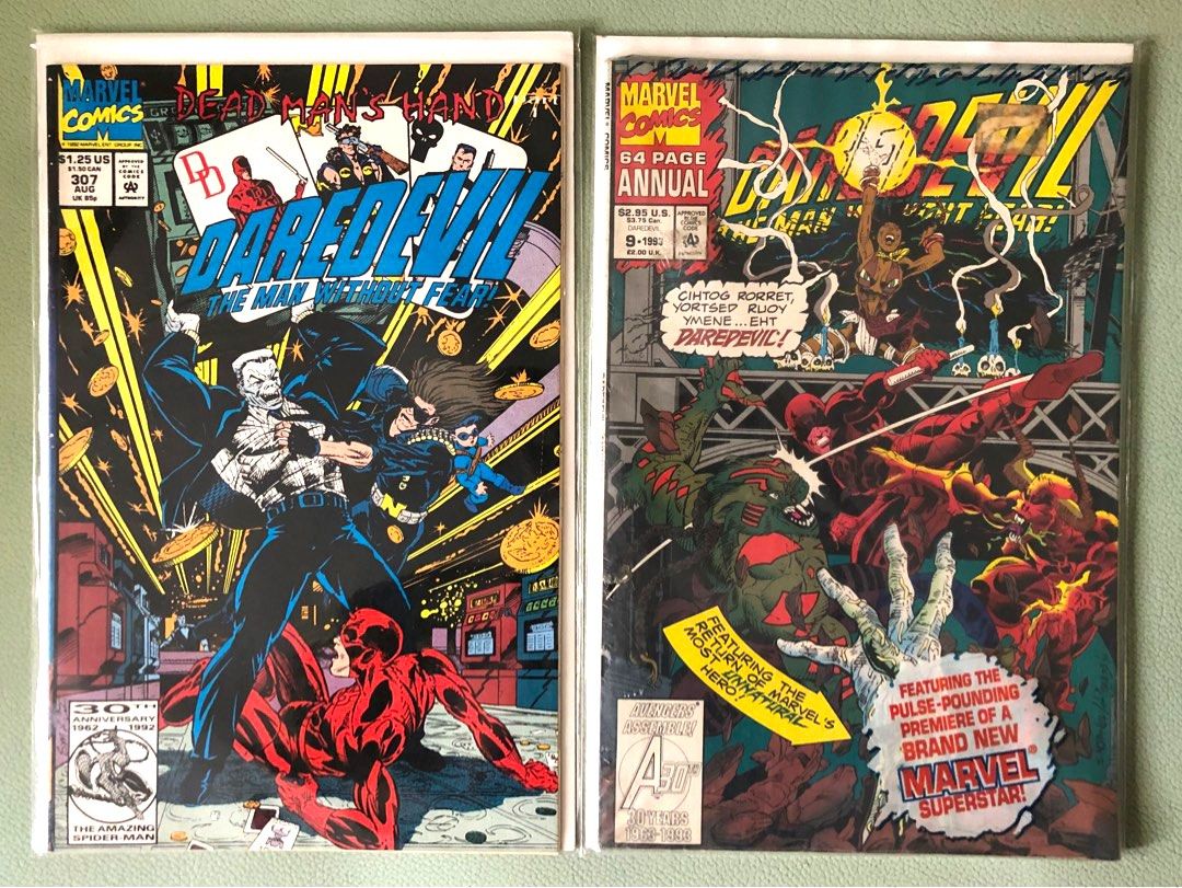 DAREDEVIL #307, DAREDEVIL Annual #9, MARVEL ‘90s Comics, P275 EACH (Category: Comics & Manga) located in Mandaluyong City. Submitted by robscollectibles61 (Listing ID 1273625947, Image 1). Description: ‘90s MARVEL Comics P275 EACH. Bagged & boarded. Original (not reprint) U.S. editions. •DAREDEVIL #307 *D.G. Chichester_writer *Scott McDaniel_pencil art, cover art *Bud LaRosa_ink art *Max Scheele_colors •DAREDEVIL Annual #9 (64 pages, 3 stories) P