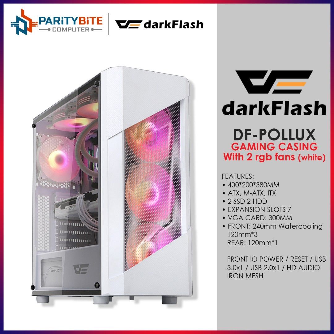 DarkFlash White PC Gaming Case with RGB Fans (Category: Computer Parts) located in Manila. Submitted by tiffany_rosie (Listing ID 1464747115, Image 2). Description: - Brand: DarkFlash PC Case - Color: Clean White - Side Panel: Tempered Glass - Cooling: 3*120mm or 2*140mm front intake fans and multiple top exhaust fans with RGB lighting - Condition: Ready for your next custom PC build ‼️ Inclusions - 2*140mm rgb fans - 1*120mm exhaust fan - hard d