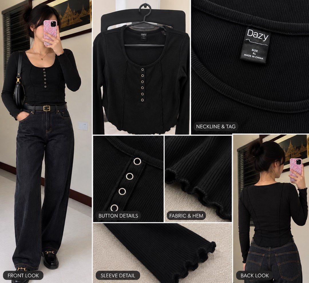 Dazy Black Ribbed Button Up Long Sleeve Top XL (Category: Longsleeves) located in Baguio. Submitted by surplusbaguio.shop (Listing ID 1464620348, Image 1). Description: - Brand: Dazy - Color: Black - Style: Long sleeve top - Fabric: Ribbed - Features: Button details down the front, lettuce hem on sleeves and bottom - Size: XL - Styling Tip: Looks great paired with jeans.