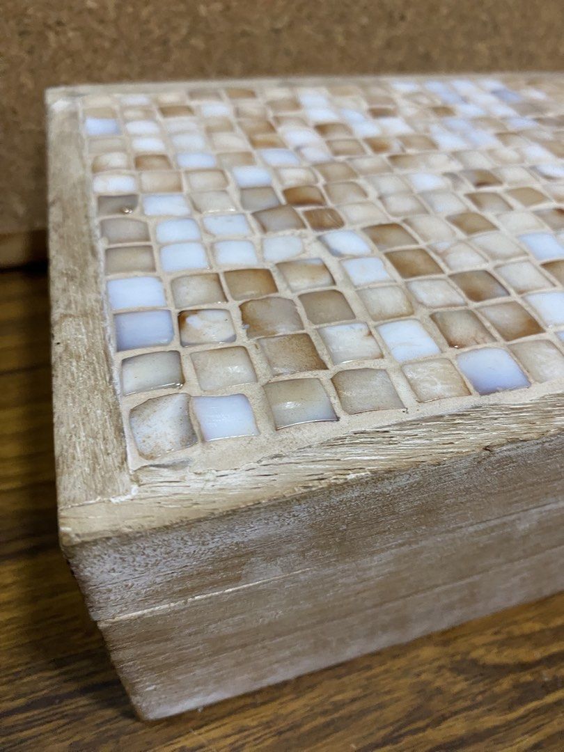 Decorative Wooden Shell Inlay Storage Box (Category: Storage Boxes & Baskets) located in Calamba. Submitted by chebvintagedepot (Listing ID 1464606764, Image 2). Description: [B19-03] This decorative wooden box has a natural-finished wooden frame with a checkered mosaic-style pattern made from square shell pieces on the lid. The shell inlay is arranged in neutral white and beige tones, giving the box a simple geometric look. It can be used for sm