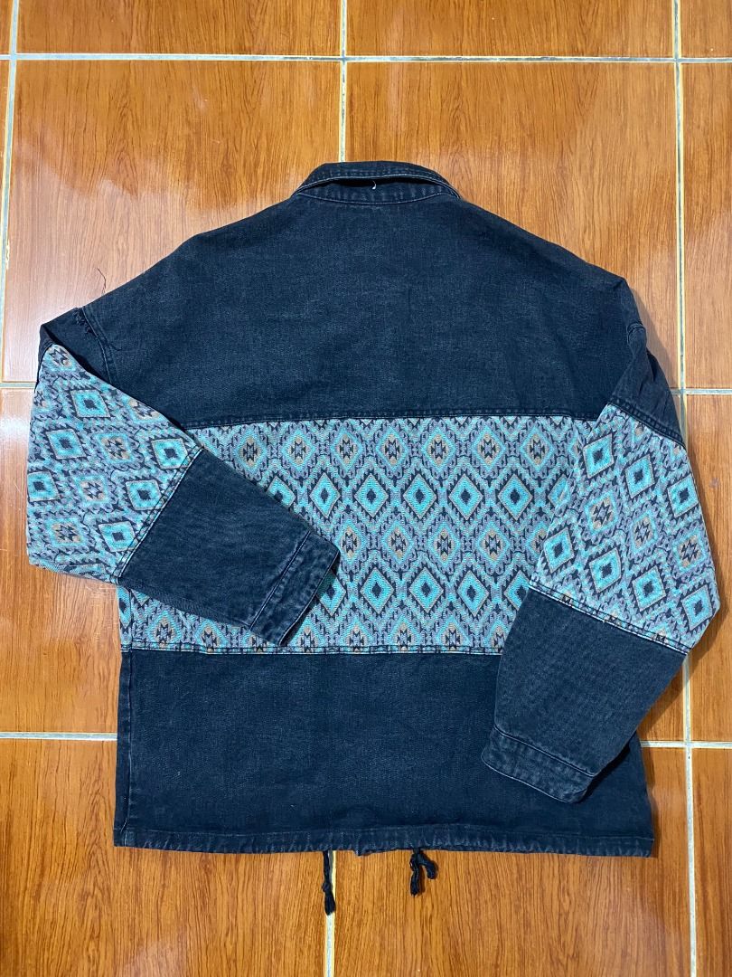 Denim Aztec Chore Jacket (Category: Coats, Jackets and Outerwear) located in Bambang. Submitted by badobado.ph (Listing ID 1464590938, Image 2). Description: Size and Dimes: XL-XXL | 24.5 Width - 30 Length Condition: Good Issue: Slight distress ripped on left shoulder.