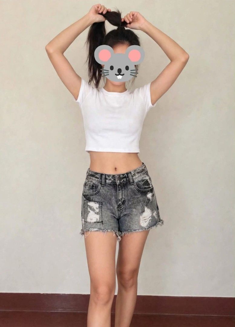 Denim Shorts with Patches Size 25 (Category: Shorts) located in Bacoor. Submitted by leah.92 (Listing ID 1464571479, Image 1). Description: - Grey denim shorts - Distressed look with ripped details and patches - Frayed hem - Button and zip closure - Front and back pockets - Ideal for casual wear.