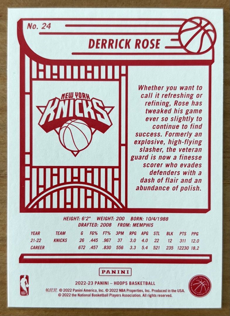 Derrick Rose | NBA Cards ~ Hoops '22 - '23 [Red Back] (Category: Raw Singles) located in Makati City. Submitted by cardlab (Listing ID 1464768180, Image 1). Description: Items are 💯 authentic/original/legit. About The Card: • '22 - '23 NBA Hoops • Card No. 24 • Red Back FOR: • Cards ₱99 and below with Card Sleeves • Cards ₱100 and up with Used Toploader • ₱10 for Bnew Tops Packaging (If Shipping): ✔️ Plastic cover ✔️ Cardboard ✔️ Bubble wrap NOT