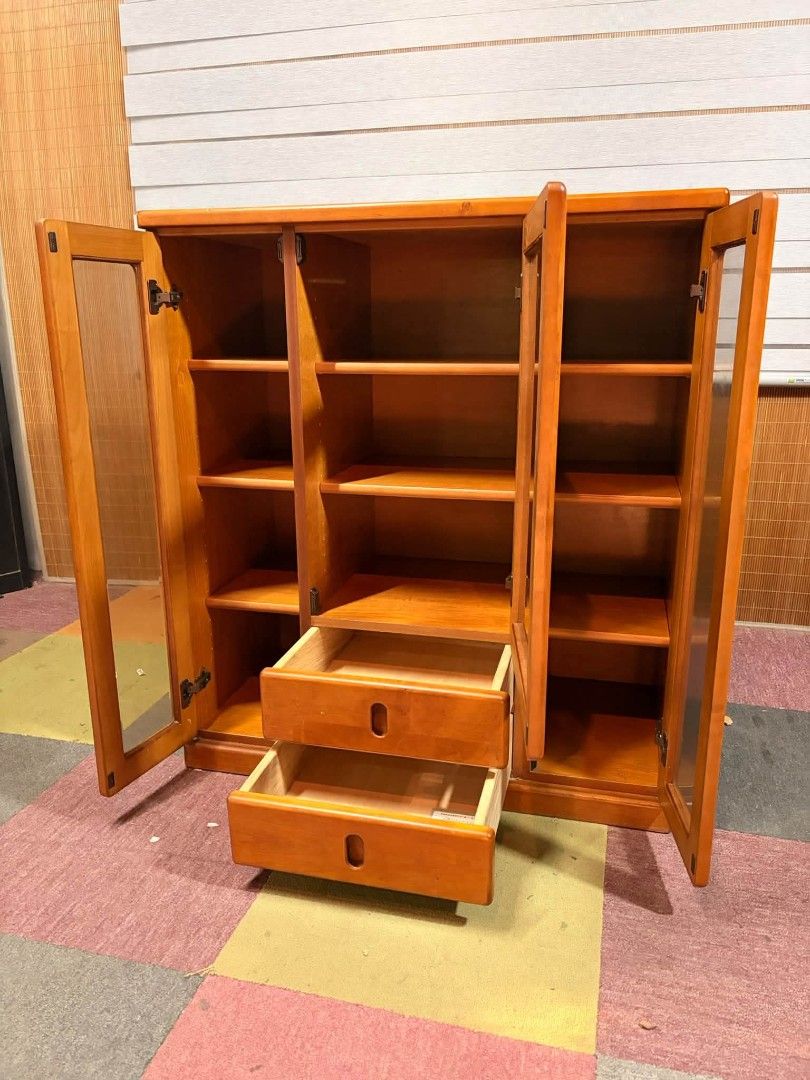 Display Cabinet (Category: Shelves, Cabinets & Racks) located in Meycauayan. Submitted by marygracecasimiro (Listing ID 1464650200, Image 2). Description: Elegant "SOLID WOOD" Console Display Cabinet 3- Door Diamond Cut Edged Glass Doors Adjustable Shelves, With Drawers Price : 8,900 ✅ *SEE VIDEO COMMENT 36L x 18W x 39H inches In VERY good condition💜💜.