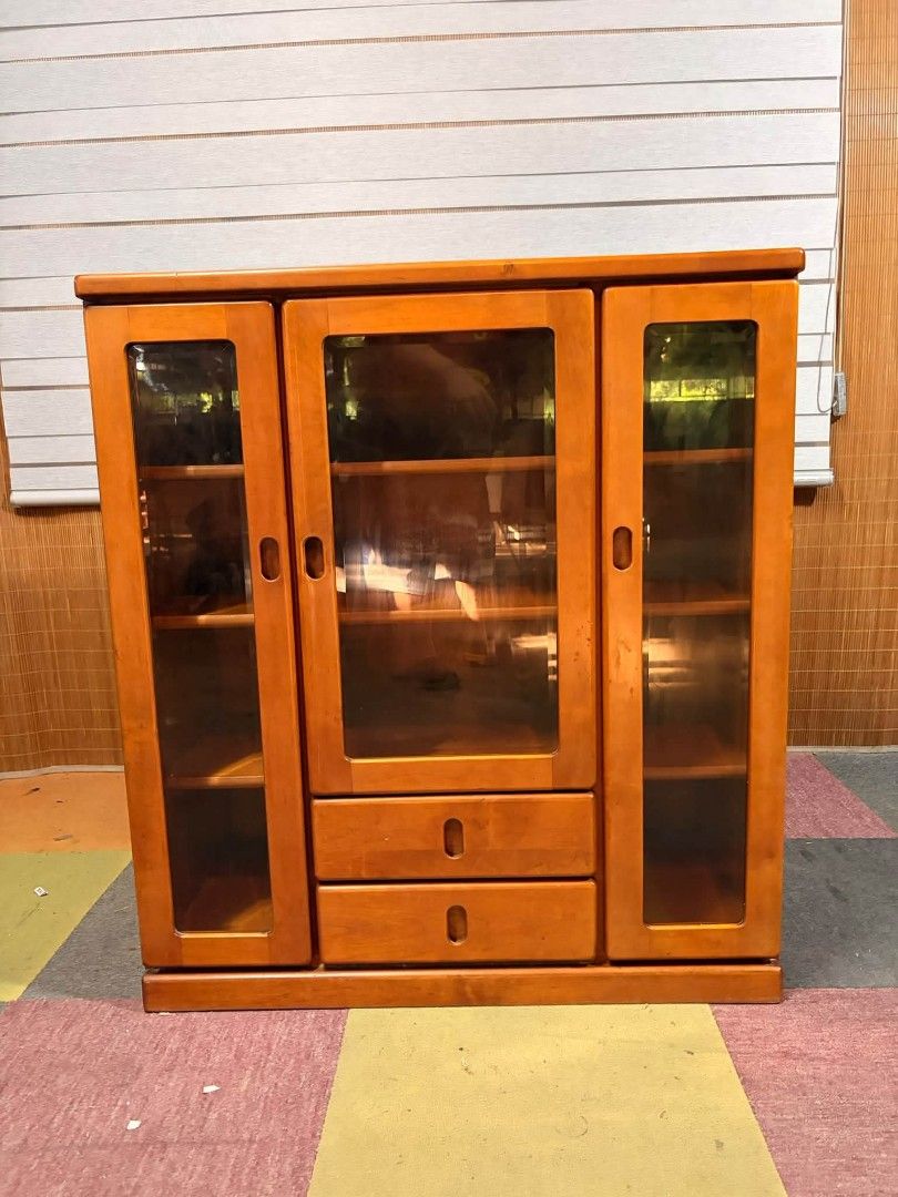 Display Cabinet (Category: Shelves, Cabinets & Racks) located in Meycauayan. Submitted by marygracecasimiro (Listing ID 1464650200, Image 1). Description: Elegant "SOLID WOOD" Console Display Cabinet 3- Door Diamond Cut Edged Glass Doors Adjustable Shelves, With Drawers Price : 8,900 ✅ *SEE VIDEO COMMENT 36L x 18W x 39H inches In VERY good condition💜💜.