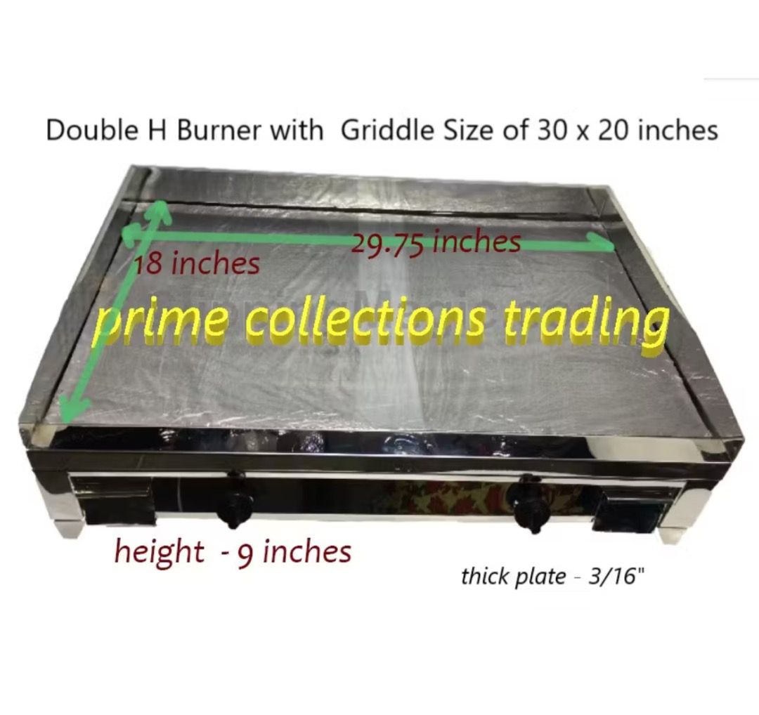Double H Burner with Griddle - 30 x 20 inches (Category: Cookware & Accessories) located in Santiago. Submitted by evrythngulove (Listing ID 1464579591, Image 1). Description: - Double H burner with integrated griddle - Griddle dimensions: 30 x 20 inches - Plate thickness: 3/16 inches - Unit dimensions: 9" (H) x 29.75" (W) x 18" (D) - Ideal for commercial use - Robust and durable construction Bought it for 8500.