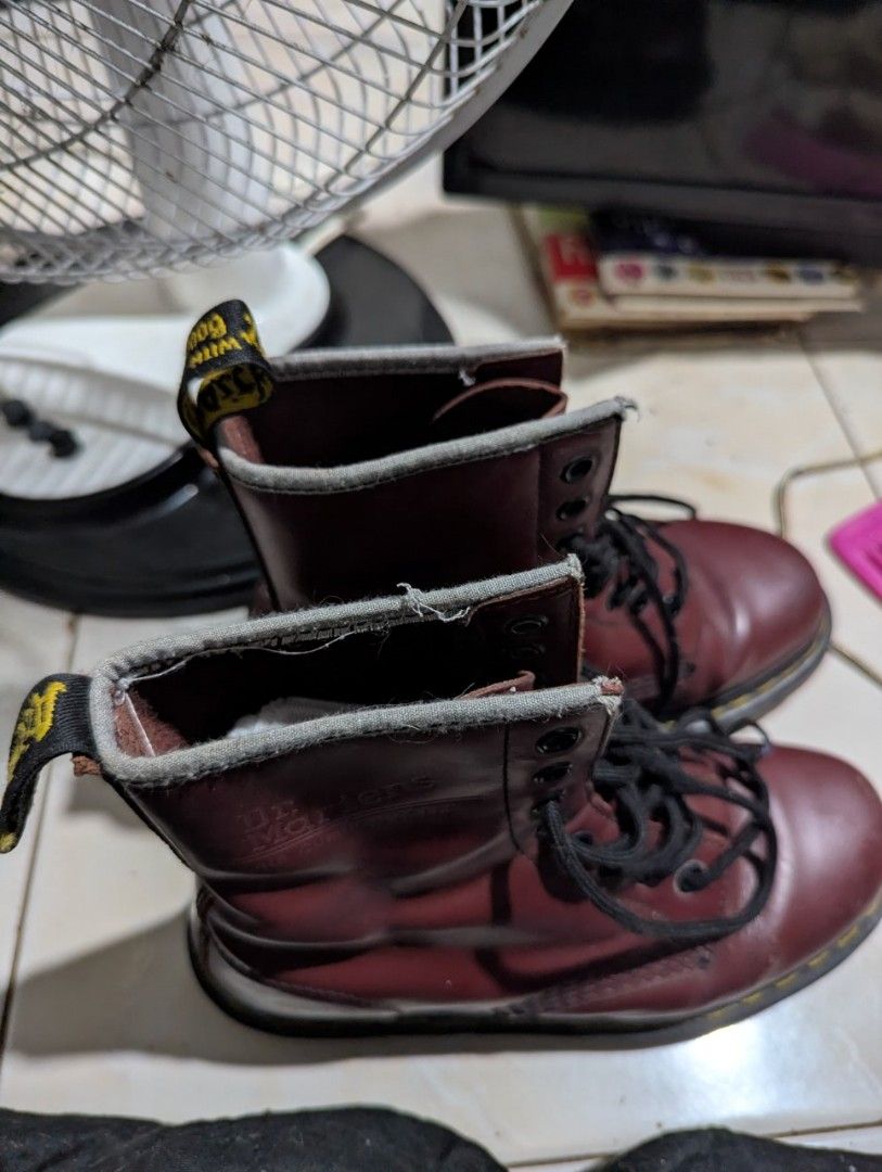 Dr. Martens 1460 Cherry Red Smooth Leather Boots (Category: Boots) located in Manila. Submitted by yonggagotthasauce (Listing ID 1464626251, Image 2). Description: - Classic Dr. Martens 1460 boots - Cherry red smooth leather - Air Cushion Soles for comfort - Iconic yellow stitching - Pre-owned with signs of wear (creasing, scuffs) for sale: dr martens 1460 8 eye boots size UK4 US5 condition 8/10 color maroon/cherry selling it for 1500 slightly ne