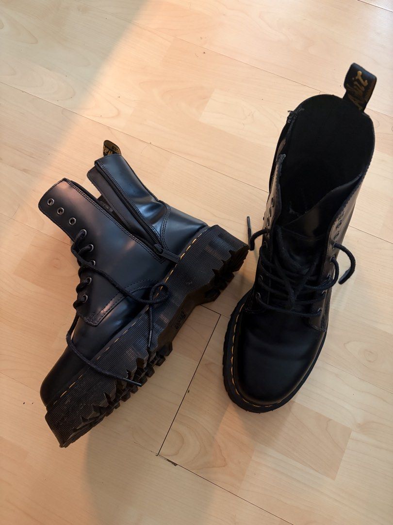 Dr. Martens JADON Black Leather Platform Boots (Category: Boots) located in Mandaluyong City. Submitted by ofcourseidid (Listing ID 1464649849, Image 3). Description: Classic black leather Dr. Martens JADON platform boots with yellow stitching. Lace-up with side zip Like new, used once or twice but not for me.