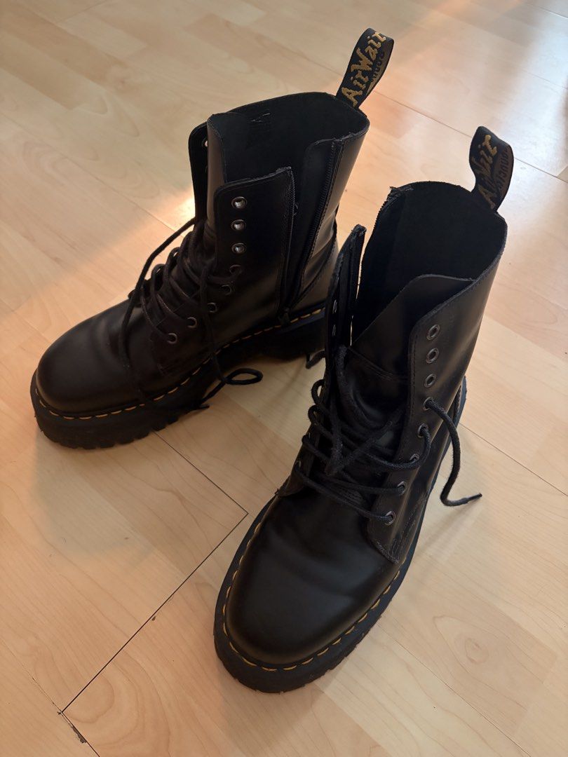 Dr. Martens JADON Black Leather Platform Boots (Category: Boots) located in Mandaluyong City. Submitted by ofcourseidid (Listing ID 1464649849, Image 2). Description: Classic black leather Dr. Martens JADON platform boots with yellow stitching. Lace-up with side zip Like new, used once or twice but not for me.