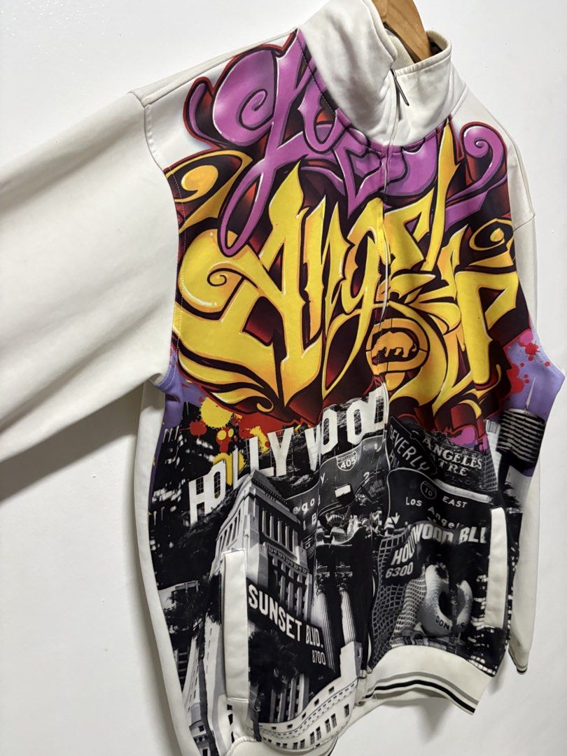 Ecko Unltd. Los Angeles Graffiti Full Zip Track Jacket (Category: Coats, Jackets and Outerwear) located in Manila. Submitted by skeletal_v2 (Listing ID 1464743676, Image 3). Description: ECKO UNLTD- AOP GRAFFITI WRITING ALL WRONGS 6500+SF 24/30 GOOD CONDITION COLOR RATE 9.2/10 STAIN Ecko Unltd. full zip track jacket. Cream base colour with striking Los Angeles graffiti print across the upper chest and monochrome street photography collage on the 