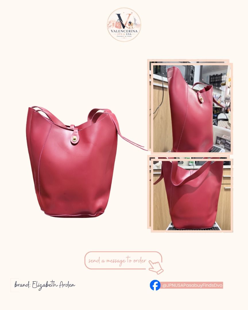 Elizabeth Arden Bucket Shoulder Bag (Category: Shoulder Bags) located in Davao. Submitted by jpnusapasabuyfindsdvo (Listing ID 1463897759, Image 1). Description: - NEVER USED, BOUGHT FROM US - Chic red bucket bag - Secure gold turn-lock closure - Comfortable, good-length straps - Durable faux leather material - Timeless and simple design - Ideal for daily wear PRICE NEGOTIABLE, SEND US YOUR OFFER! Message us and negotiate on Facebook for a faster