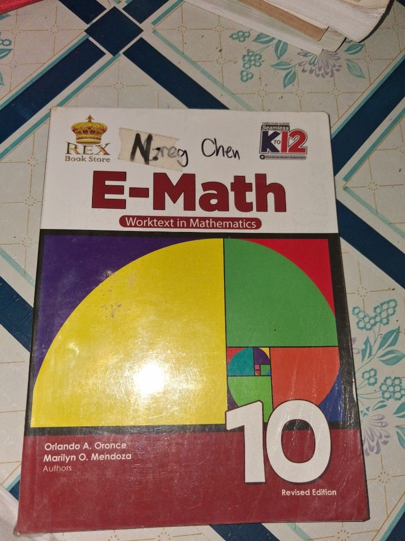 E-Math Worktext in Mathematics Grade 10 Revised Edition (Category: Textbooks) located in Manila. Submitted by marcas022798212 (Listing ID 1464616490, Image 1). Description: - E-Math Worktext in Mathematics for Grade 10 - Revised Edition - Published by REX Book Store - Authors: Orlando A. Cronce & Marilyn O. Mendoza - Key Topics: Patterns and Algebra, Polynomial Functions, Circles - Perfect for students seeking a thorough math resource.