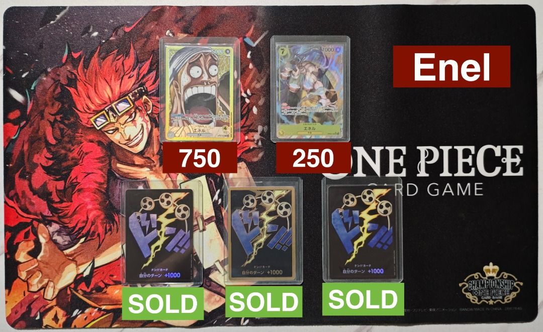 Enel Collection - One Piece TCG (Category: Raw Singles) located in Manila. Submitted by john.john17 (Listing ID 1461523182, Image 1). Description: Enel Collection - Check photo for card prices [SR, SEC, Parallels, Gold Dons, Promos] ✅ Prices are YYT based, if not sold out ✅ Prices are mercadrop or mercari based, if sold out in YYT ✅ All cards are M-NM, issues are stated in comments. Not an expert and don't have the tools to properly check so I mi