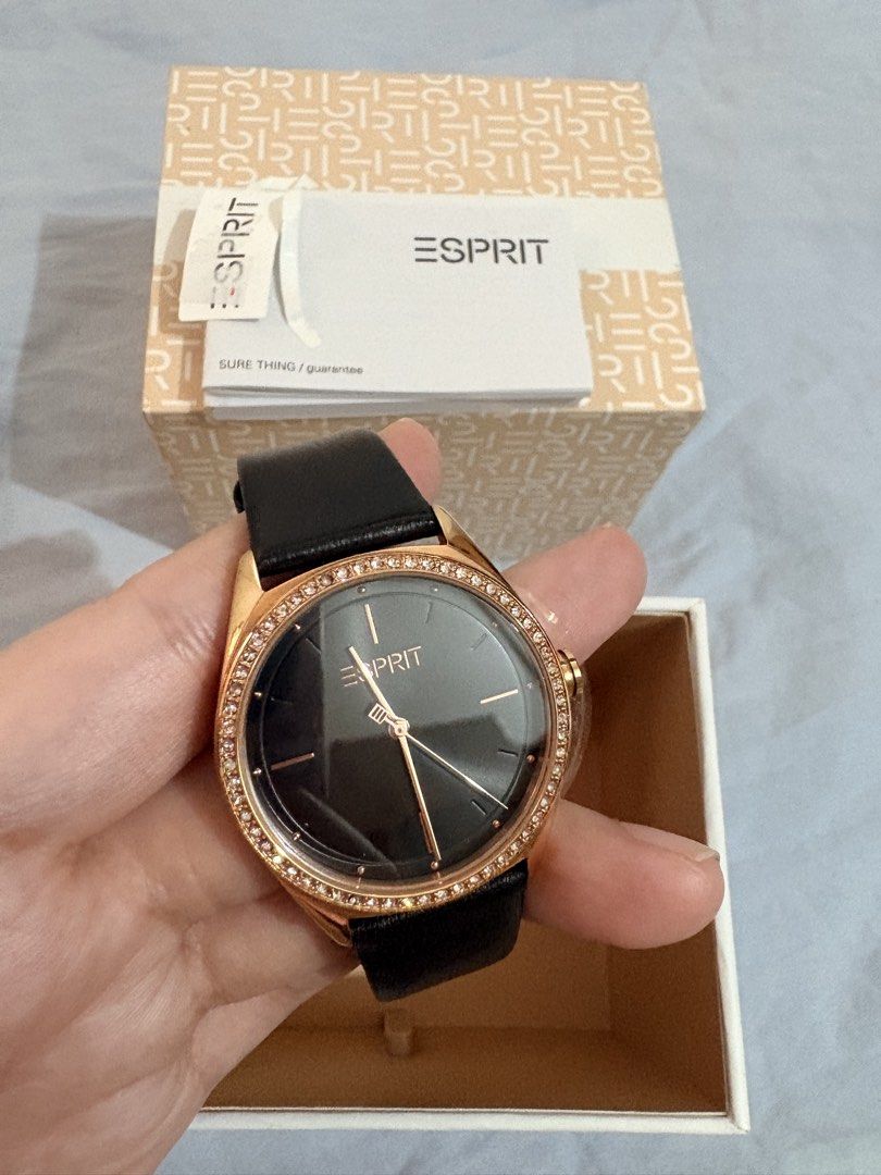 Esprit Watch Rose Gold Black Leather Strap (Category: Women's Watches) located in Tanza. Submitted by abi_blanca (Listing ID 1464593807, Image 1). Description: - Esprit watch with elegant rose gold case - Comfortable black leather strap - Stylish black dial adorned with crystal accents on the bezel - Water resistant up to 50 meters - Model number: 1L289 - Comes with original box and guarantee card - Perfect for both casual and formal occasions.