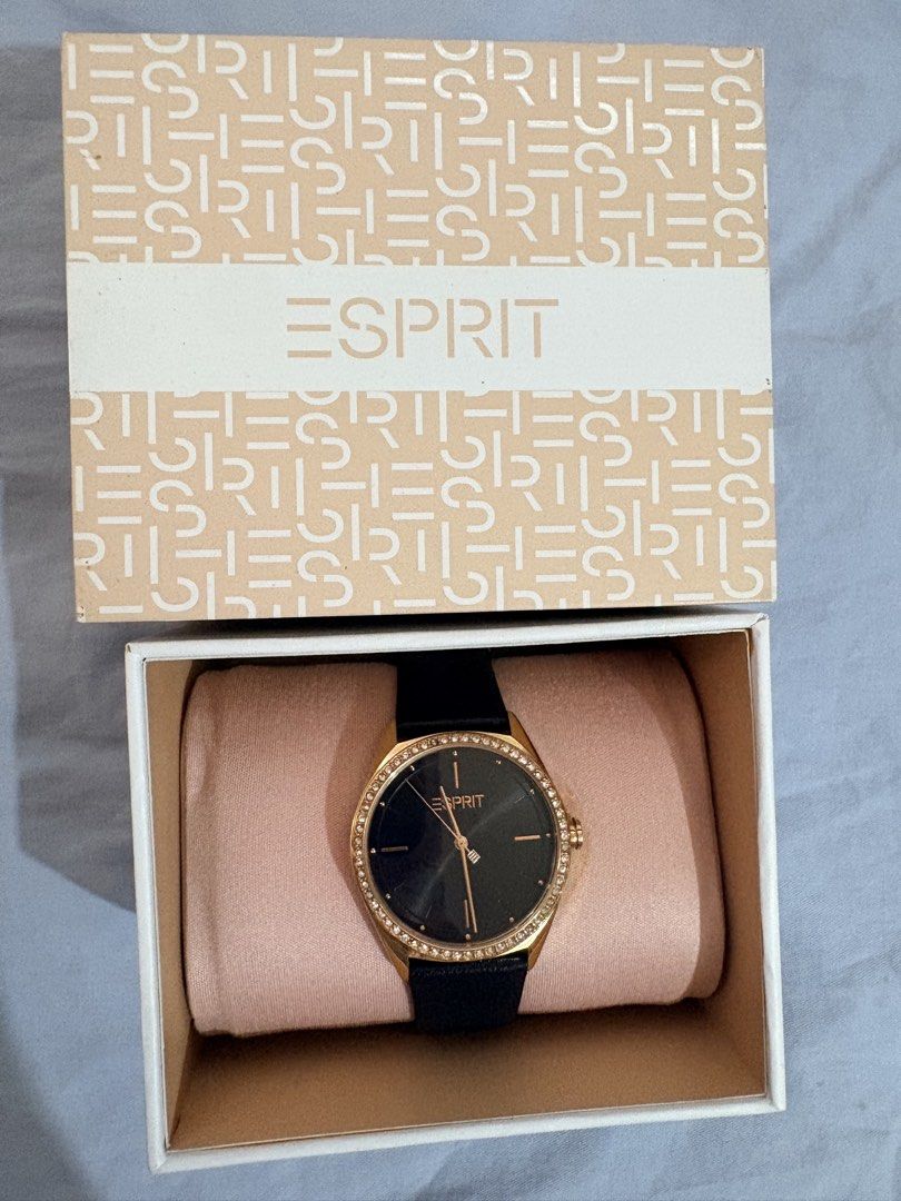 Esprit Watch Rose Gold Black Leather Strap (Category: Women's Watches) located in Tanza. Submitted by abi_blanca (Listing ID 1464593807, Image 2). Description: - Esprit watch with elegant rose gold case - Comfortable black leather strap - Stylish black dial adorned with crystal accents on the bezel - Water resistant up to 50 meters - Model number: 1L289 - Comes with original box and guarantee card - Perfect for both casual and formal occasions.