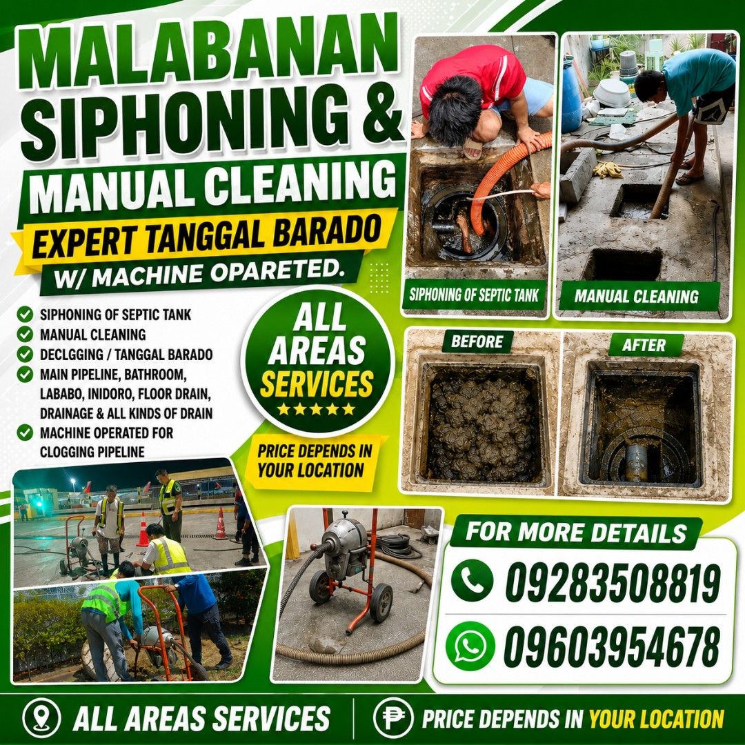 Expert Plumbing Siphoning declogging services (Category: Plumbing Services) located in Manila. Submitted by plumbing.b50b66 (Listing ID 1464658074, Image 1). Description: All areas Services We are trusted. We are complete papers & tools all you need. Siphoning pozo negro & manual cleaning declogging all pipeline problems Drainage cleaning & clogging. For more details just contact us!! Look Mr, Robles Please contact us for schedule. Thank you 🙏.
