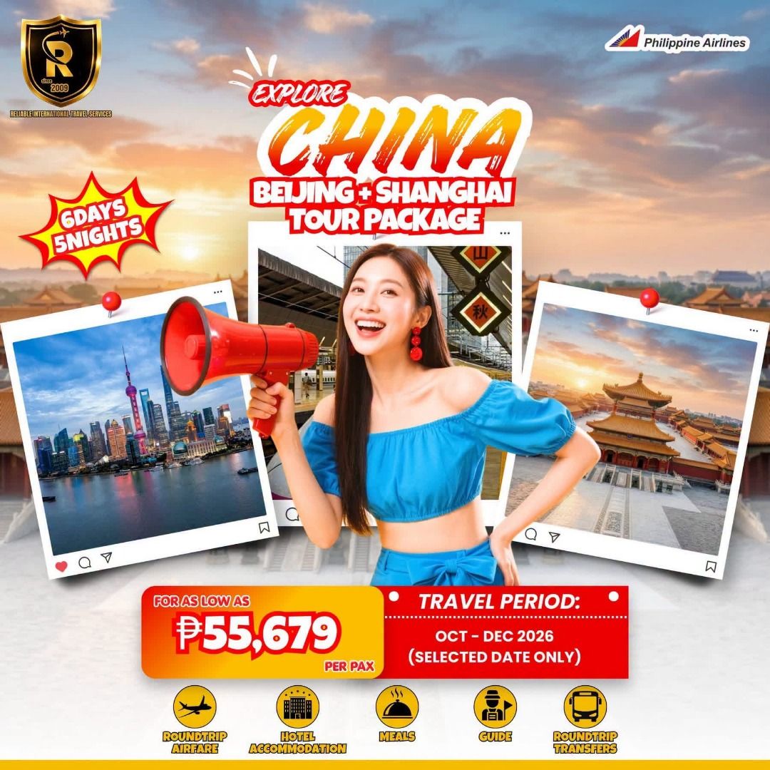 Explore China: Beijing + Shanghai 6D/5N Tour Package (Category: Flights & Overseas Attractions) located in Cavite. Submitted by reliableelsie (Listing ID 1464589125, Image 1). Description: 𝟔𝐃𝟓𝐍 𝐒𝐇𝐀𝐍𝐆𝐇𝐀𝐈 + 𝐁𝐄𝐈𝐉𝐈𝐍𝐆 𝐑𝐀𝐓𝐄𝐒 𝐒𝐓𝐀𝐑𝐓 𝐀𝐒 𝐋𝐎𝐖 𝐀𝐒 ₱𝟓𝟓,𝟔𝟕𝟗/𝐏𝐀𝐗 Guaranteed Departure Group Visa Included 𝐓𝐑𝐀𝐕𝐄𝐋 𝐃𝐀𝐓𝐄𝐒 & 𝐑𝐀𝐓𝐄𝐒: Oct 27–Nov 01, 2026 Dec 01–06, 2026 Dec 08–13, 2026 Dec 15–20, 2026 𝐓𝐎𝐔𝐑 𝐇�