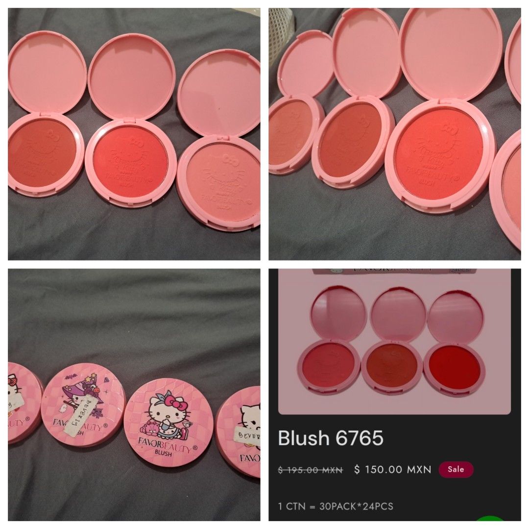 FavorBeauty Hello Kitty Limited Edition Blushes (Category: Makeup) located in Pasig City. Submitted by declotha (Listing ID 1464741074, Image 1). Description: For Sale: Limited edition Hello Kitty blushes from an international makeup brand, FavorBeauty. Original price per blush is 150 MXN or 525 PHP. Shades: 01, 02, 03 and 04. Swatched only to check how pigmented they are. They are very pigmented and smell like baby powder. Perfect for casual or 