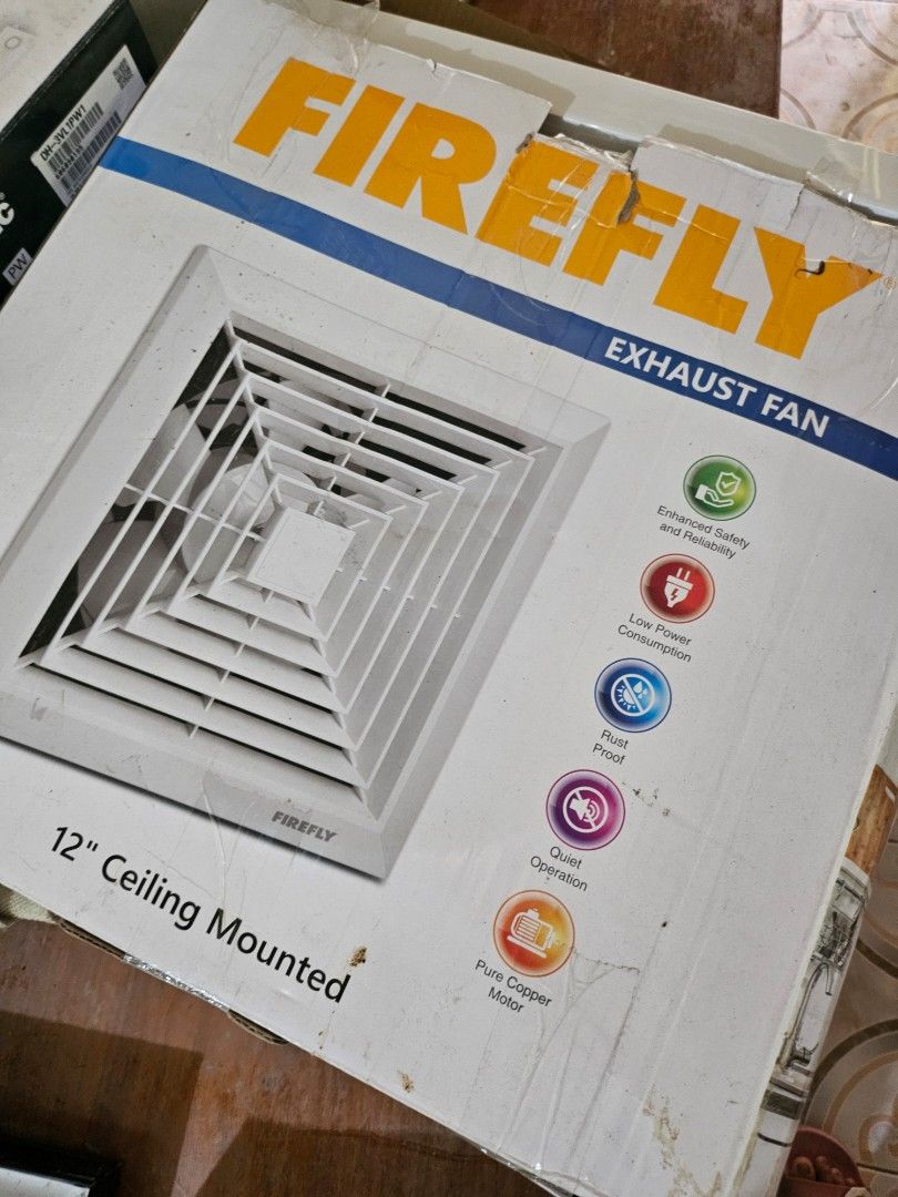 Firefly 12 Inch Ceiling Mounted Exhaust Fan (Category: Fans) located in Quirino. Submitted by apikai (Listing ID 1464764555, Image 3). Description: - Brand: Firefly - Size: 12-inch ceiling mounted exhaust fan with white louvered grille - Motor: Pure copper, energy-saving, and quiet operation - Build: Rust-proof and durable - Ideal for: Bathrooms, kitchens, and laundry rooms - Condition: Brand new in box with safety specs RFS: Wrong Size.