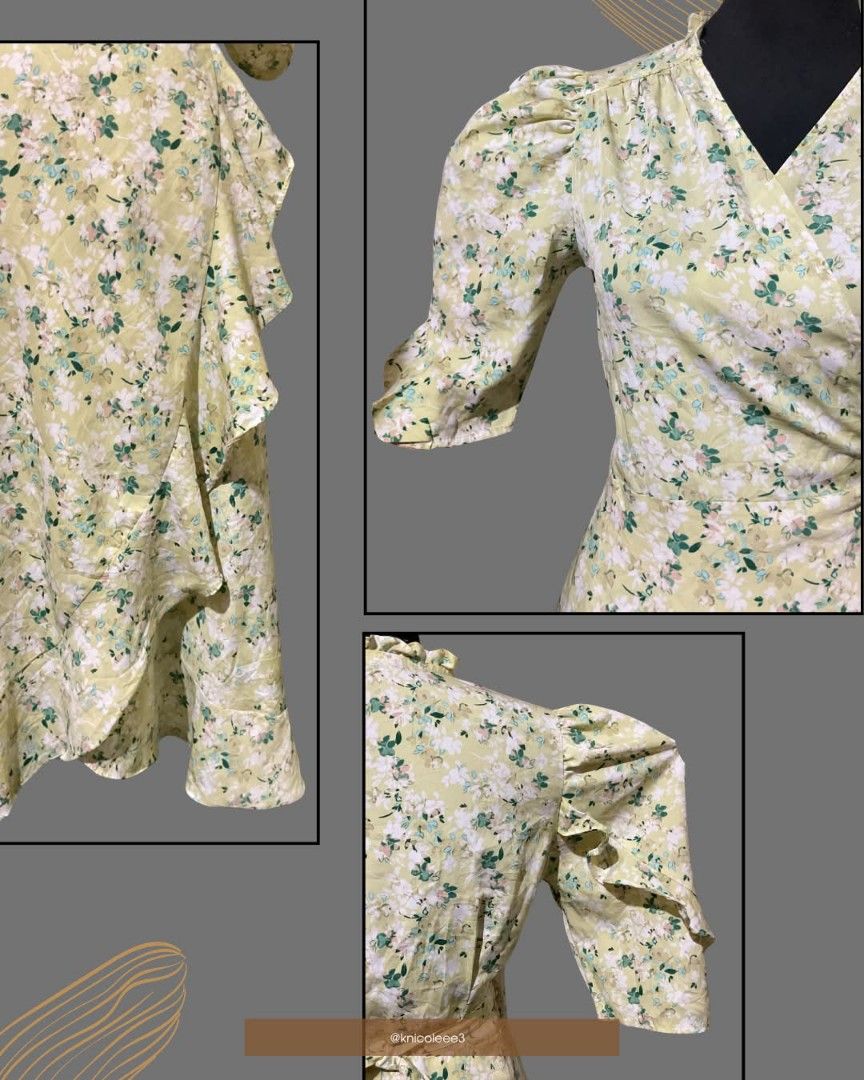 Floral Wrap Dress with Ruffles (Category: Dresses) located in Quezon City. Submitted by demagajesr45928 (Listing ID 1464625912, Image 2). Description: - Light yellow floral wrap dress - Ruffle details on skirt and sleeves - Puff sleeves with elastic cuffs - Comes with a tie belt - Ideal for casual outings or events - Good as new - RFS: Decluttering.