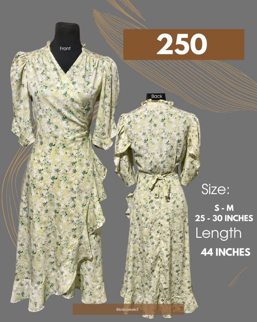 Floral Wrap Dress with Ruffles (Category: Dresses) located in Quezon City. Submitted by demagajesr45928 (Listing ID 1464625912, Image 1). Description: - Light yellow floral wrap dress - Ruffle details on skirt and sleeves - Puff sleeves with elastic cuffs - Comes with a tie belt - Ideal for casual outings or events - Good as new - RFS: Decluttering.