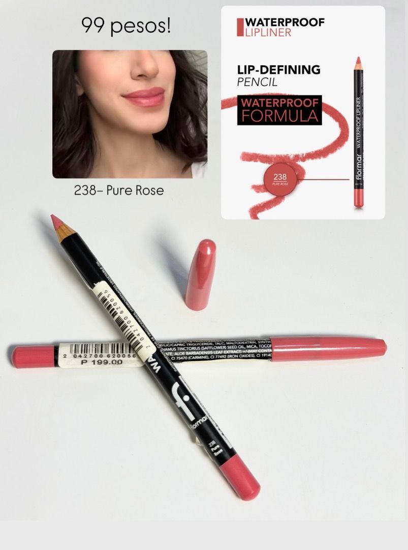 Flormar Waterproof Lip Liner Pencil (Category: Makeup) located in Cebu City. Submitted by kyeshamori24 (Listing ID 1464720328, Image 2). Description: - Product: Flormar Waterproof Lip Liner Pencil - Available Shades: Classical Brown, Pure Rose, Natural, Elegant Bordeaux - Formula: Creamy texture, smooth application, long-lasting, and smudge-proof - Price: ₱99.00 each (Original Retail Price: ₱199.00) - Best for: Everyday makeup looks and effortles