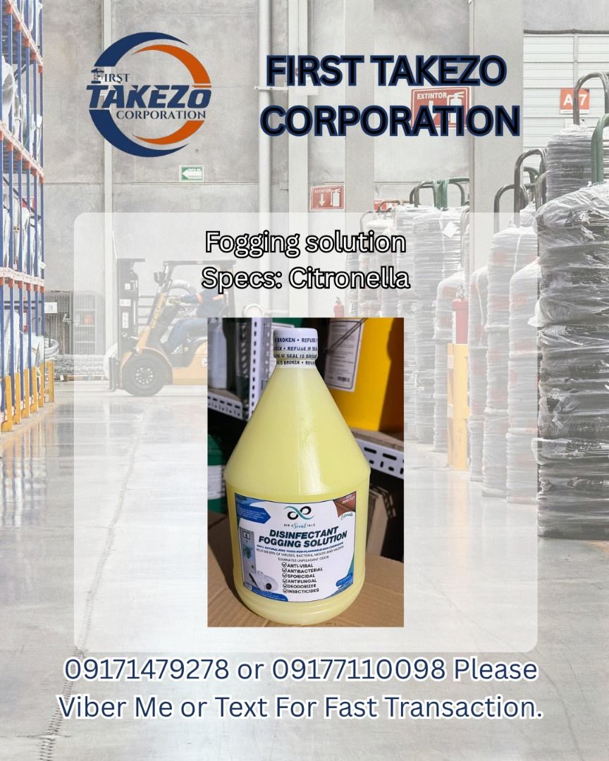 Fogging solution Specs: Citronella (Category: Everything Else Others) located in Manila. Submitted by joeyroque09 (Listing ID 1464646257, Image 1). Description: Fogging solution Specs: Citronella.