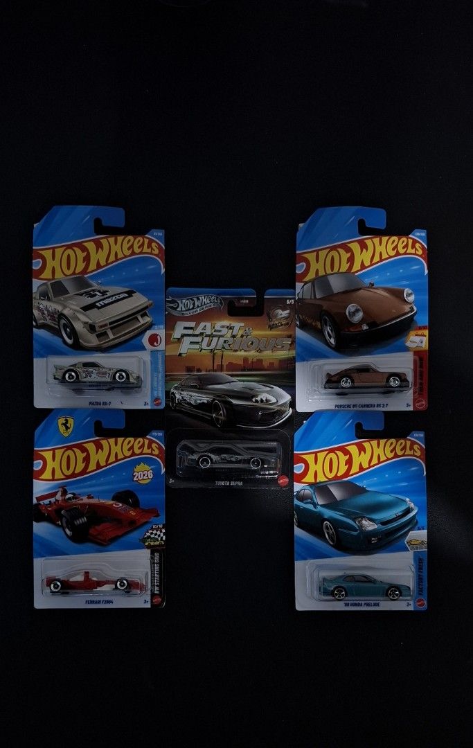 For sale Hotwheels (Category: Vehicle & Diecast Models) located in Manila. Submitted by aaronluvsdayan (Listing ID 1464666625, Image 1). Description: Ferrari F1 Fast and Furious Chase Toyota Supra Honda Prelude Mazda Rx-7 Porsche 911.