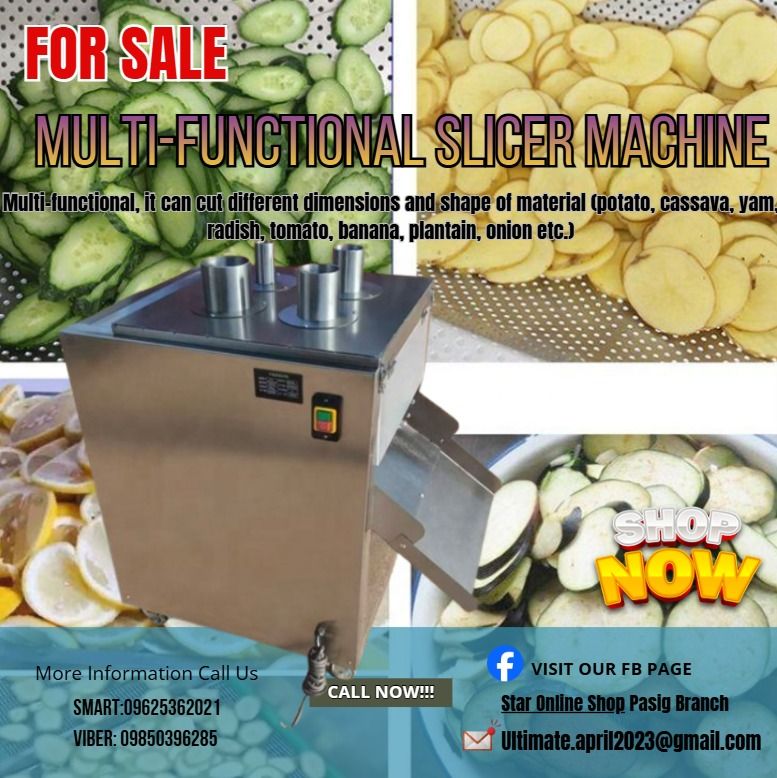 For Sale Multi-functional Slicer Machine New Product (Category: Looking For) located in Pasig City. Submitted by star_maya168 (Listing ID 1464670515, Image 1). Description: 📌 Huurryyyyy and get discount 📍For Sale For Sale For Sale Multi-functional, it can cut different dimensions and shape of material (potato, cassava, yam, radish, tomato, banana, plantain, onion etc.) • Material: Stainless steel 304 • Capacity:300-500kg/hr • Size:710*660*1085m