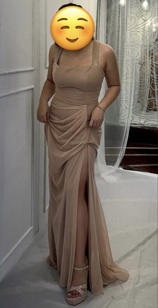 Formal Gown nude champagne (Category: Evening dresses & gowns) located in Quezon City. Submitted by silentshopperxx (Listing ID 1464613460, Image 1). Description: - Long formal dress with slit - square neckline with embellished straps - Draping detail on the skirt - Perfect for proms, weddings, and special occasions *Fitting in The Magnolia Residences Tower D *Fitting fee ₱50 (to avoid cancellations) *Rent fee ₱999 for 3 days max with deposit 5k 