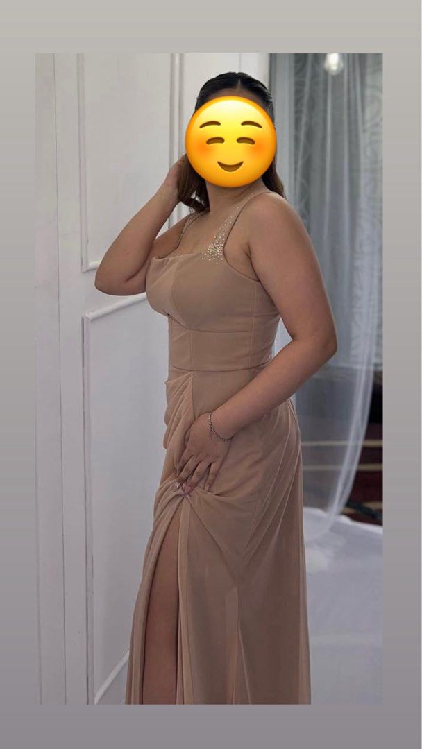 Formal Gown nude champagne (Category: Evening dresses & gowns) located in Quezon City. Submitted by silentshopperxx (Listing ID 1464613460, Image 2). Description: - Long formal dress with slit - square neckline with embellished straps - Draping detail on the skirt - Perfect for proms, weddings, and special occasions *Fitting in The Magnolia Residences Tower D *Fitting fee ₱50 (to avoid cancellations) *Rent fee ₱999 for 3 days max with deposit 5k 