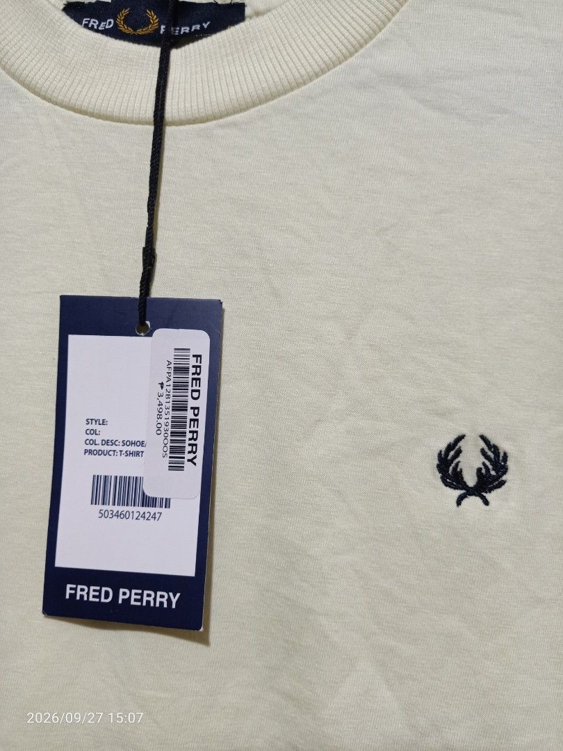Fred Perry Crew neck T-Shirt (Category: Tshirts & Polo Shirts ) located in Las Pinas. Submitted by OmengSoyT (Listing ID 1464642822, Image 1). Description: - Authentic Fred Perry T-shirt -Crew neck design - Color: Pale Yellow - Regular fit,100% cotton fabric - Size: S -M -L available - Iconic embroidered laurel wreath logo on chest - Brand new with original hang and wash tags attached - Essential basic tee.