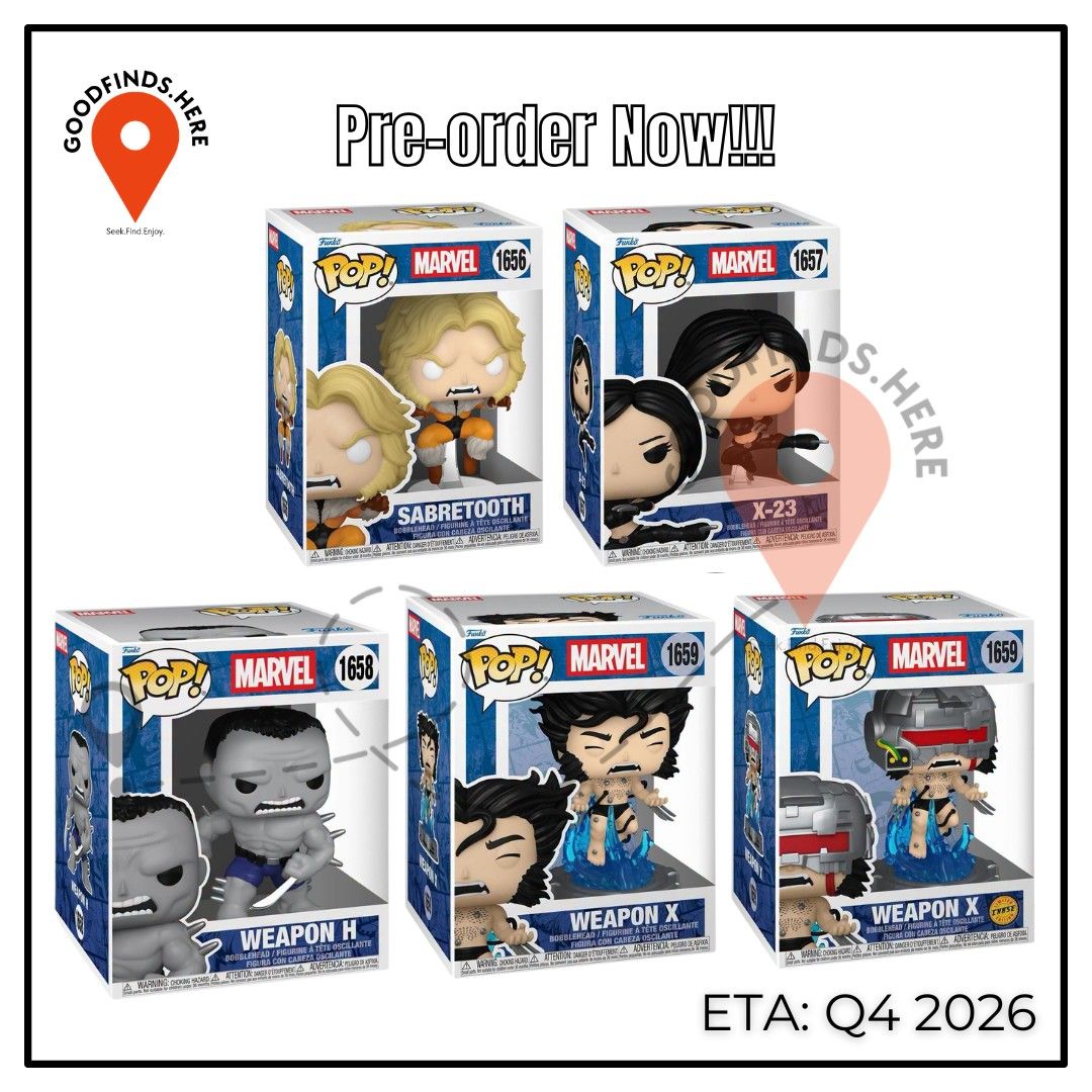 Funko: Marvel Preorder (Category: Figurines & Statues) located in Pasig City. Submitted by goodfinds.here (Listing ID 1464580819, Image 1). Description: ❗Funko: Marvel Preorder❗ ▪️Sabretooth ▪️X-23 ₱800 each / DP: 400 each ▪️Weapon H 6" ₱1,800 each / DP: 900 ▪️Weapon X ₱1,500 / DP: 750 ▪️Weapon X CHASE ₱4k / DP: 2k ETA: Q4 2026 (subject for DELAY or to change without prior notice) ❗For Pre-order ONLY, No extra available❗ DOWNPAYMENT is required t