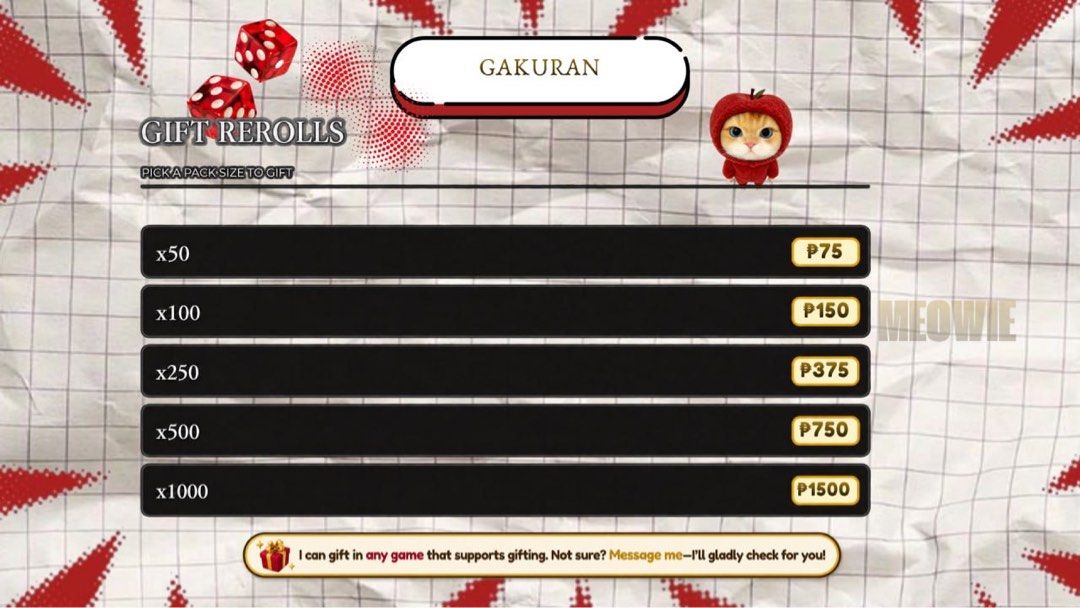 Gakuran Rerolls | Roblox | Fast Delivery | Cheap (Category: In-Game Products) located in Manila. Submitted by meowieeeeeeeeeeee (Listing ID 1451692165, Image 1). Description: .