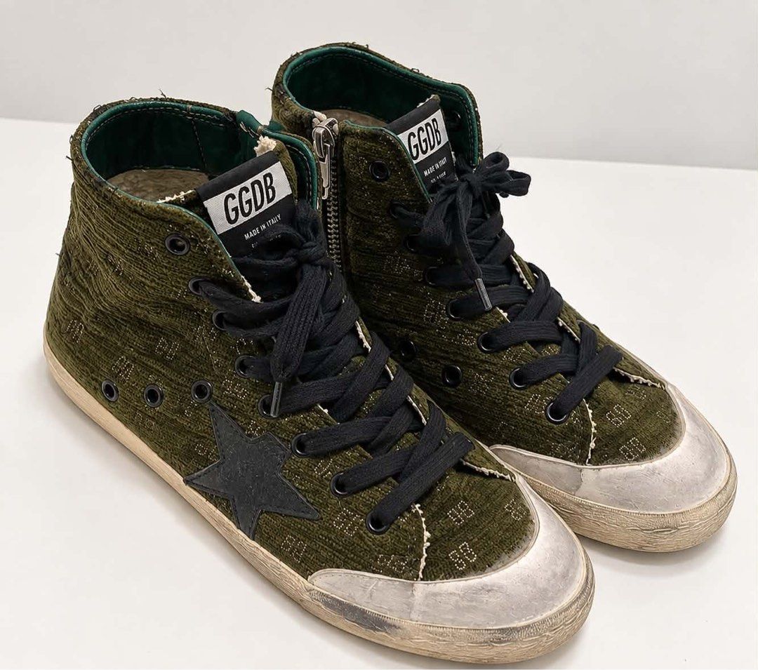 GGDB FRANCY OLIVE-VELVET (Category: Sneakers) located in Manila. Submitted by julialuzma80482 (Listing ID 1464720249, Image 3). Description: AUTHENTIC GOLDEN GOOSE FRANCY – OLIVE VELVET 🤎💚 Selling my authentic Golden Goose Francy high-top sneakers in Olive Velvet. 👟 Condition: Excellent / lightly used • Worn only twice • Authentic Golden Goose / GGDB • Olive velvet with black star & black laces • Gold side emblem + zipper detail • No major dam