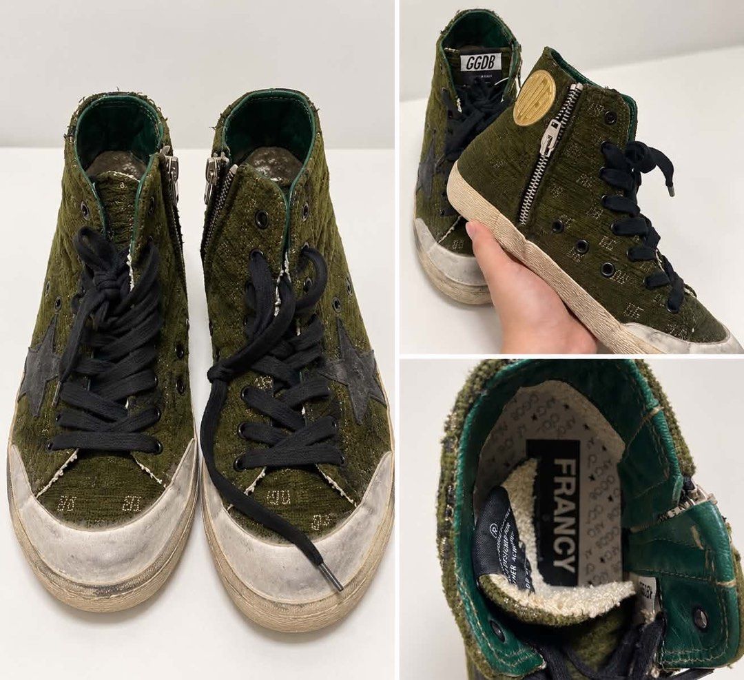 GGDB FRANCY OLIVE-VELVET (Category: Sneakers) located in Manila. Submitted by julialuzma80482 (Listing ID 1464720249, Image 2). Description: AUTHENTIC GOLDEN GOOSE FRANCY – OLIVE VELVET 🤎💚 Selling my authentic Golden Goose Francy high-top sneakers in Olive Velvet. 👟 Condition: Excellent / lightly used • Worn only twice • Authentic Golden Goose / GGDB • Olive velvet with black star & black laces • Gold side emblem + zipper detail • No major dam