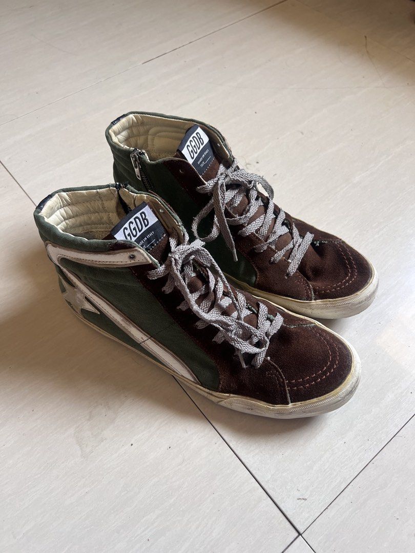 GGDB High-Top Sneakers Green Brown (Category: Sneakers) located in Zamboanga. Submitted by safe.haimer (Listing ID 1464741418, Image 1). Description: GGDB high-top sneakers in green and brown S colorway. Suede toe cap with canvas body. Side zip closures make them easy to put on. White leather star logo on the side. Chunky grey laces. Grained rubber soles show some dirt and wear from normal use. Made in Italy..