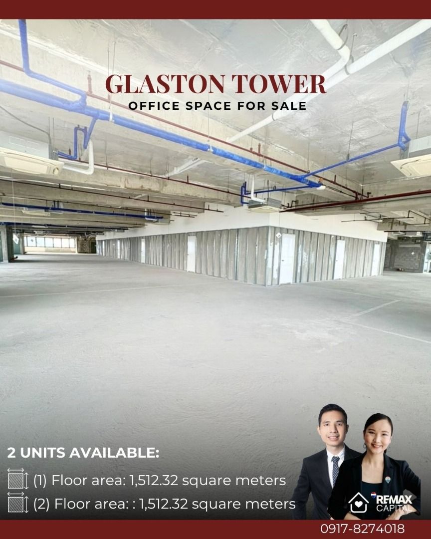 Glaston Tower Office Space for Sale! (Category: Commercial) located in Quezon City. Submitted by daphne.yu_favoritebroker (Listing ID 1464025512, Image 1). Description: Glaston Tower Office Space for Sale! - 2 Units available (1) Floor area: 1,512.32 square meters (2) Floor area: 1,512.32 square meters - Each floor has 14 units + 14 titles totaling 1,512.32 - Each floor has 24 parking slots all located at B1, being sold for Php1.5M each Asking Pr
