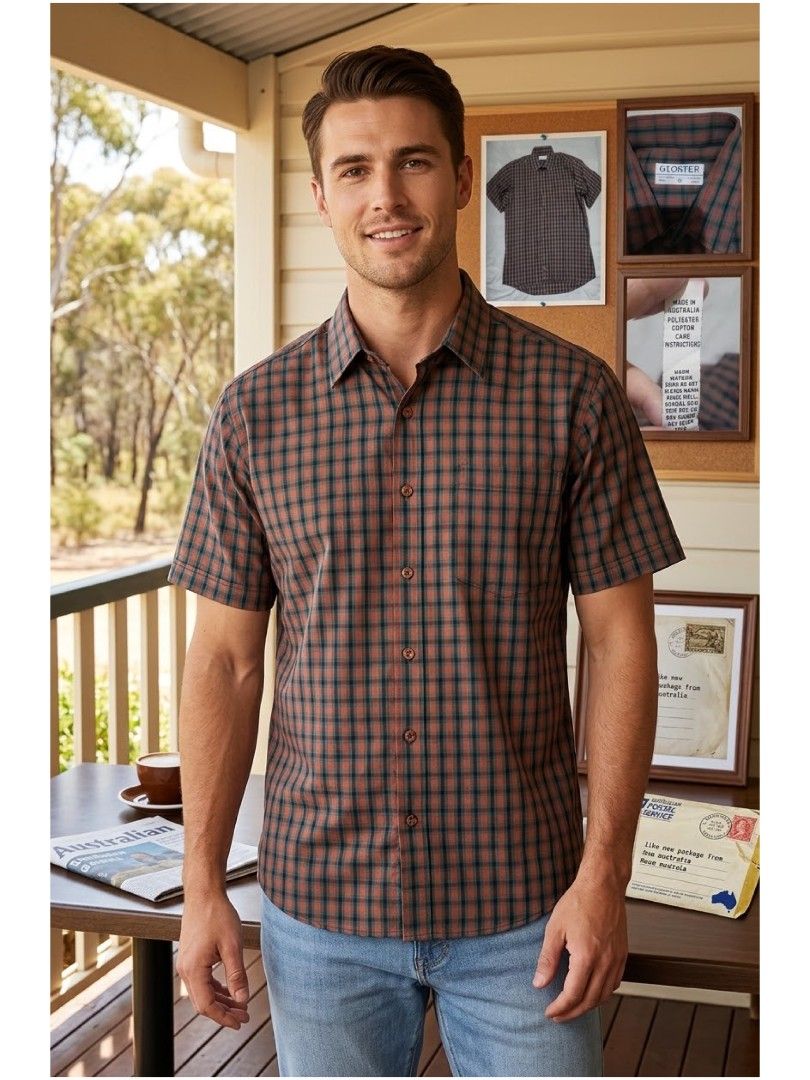 Gloster Short-Sleeve Plaid Button-Down Shirt -Medium #549 (Category: Tshirts & Polo Shirts ) located in Santa Cruz. Submitted by gie_thrift_shop (Listing ID 1464762578, Image 1). Description: Gloster Short-Sleeve Plaid Button-Down Shirt Gloster (Australian Made) Condition: Little sign of usage Size: Medium (M) Pit to Pit: 22.5 inches Length: 27 inches Sleeve Length: 9 inches Material: Polyester Cotton Blend Color: Plaid / Checkered (Terracotta Br