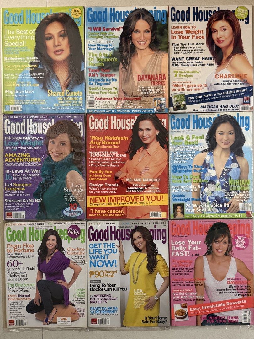 Good Housekeeping Magazines bundle (Category: Magazines) located in Pasay City. Submitted by gahaman02 (Listing ID 1464593623, Image 1). Description: - Bundle of Good Housekeeping magazines - Features cover stories on Sharon Cuneta, Dayara Torres, Lea Salonga, Charlene Gonzalez, and more - Covers topics like weight loss, home decor, family, and recipes - Great for lifestyle and celebrity news enthusiasts - Perfect for a good read!.