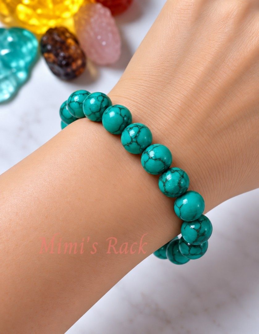 GREEN TURQUOISE STONE BRACELET ROUND 10MM (Category: Bracelets) located in Taguig. Submitted by mimisrack (Listing ID 1464761928, Image 1). Description: 🩵A beautiful green turquoise bracelet featuring smooth round beads in a rich turquoise-green shade with natural web-like matrix patterns. Each bead has its own unique markings, giving the bracelet a natural and earthy character. -Green Turquoise is traditionally associated with protection, groun