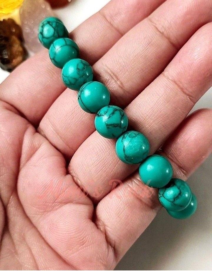 GREEN TURQUOISE STONE BRACELET ROUND 10MM (Category: Bracelets) located in Taguig. Submitted by mimisrack (Listing ID 1464761928, Image 3). Description: 🩵A beautiful green turquoise bracelet featuring smooth round beads in a rich turquoise-green shade with natural web-like matrix patterns. Each bead has its own unique markings, giving the bracelet a natural and earthy character. -Green Turquoise is traditionally associated with protection, groun