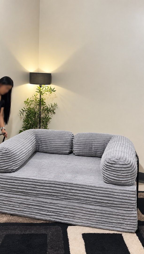 Grey Corduroy Sofa Bed - Converts to Bed (Category: Sofas) located in Santa Rosa. Submitted by aliamrshnn (Listing ID 1464655491, Image 2). Description: Queen-Size Sofa Bed 📏 Dimensions: 150 × 100 cm Not even 2 months old Removable and washable all covers 💰 ₱10,500.