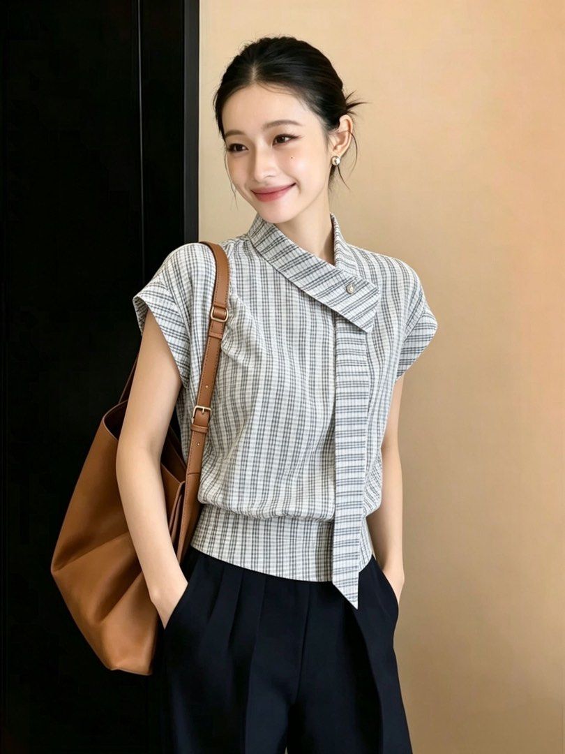 Grey plaid short sleeve asymmetrical collar blouse (Category: Blouses) located in Manila. Submitted by mengxir20193848 (Listing ID 1464704908, Image 2). Description: Grey and white plaid blouse with short cap sleeves. Asymmetrical folded neckline with button closure. Wide ribbed hem band at the waist. Unique front placket detail hanging down. Great top for work or casual outings. Pairs well with trousers or skirts..