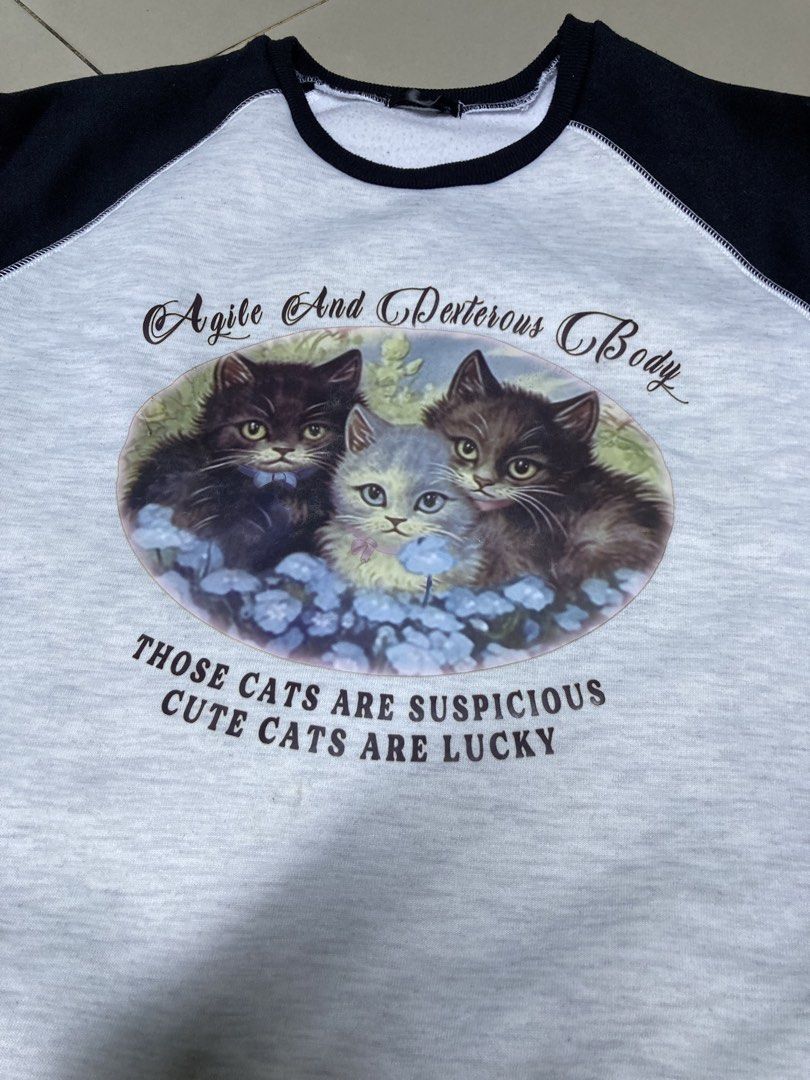 Grey Raglan Sleeve Sweatshirt with Cat Print (Category: Longsleeves) located in Bulacan. Submitted by fordypao (Listing ID 1464593579, Image 2). Description: - Grey sweatshirt with black raglan sleeves. - Features a cute print of three cats. - Small stain on the front, as shown in the last photo. - Tag is slightly visible..